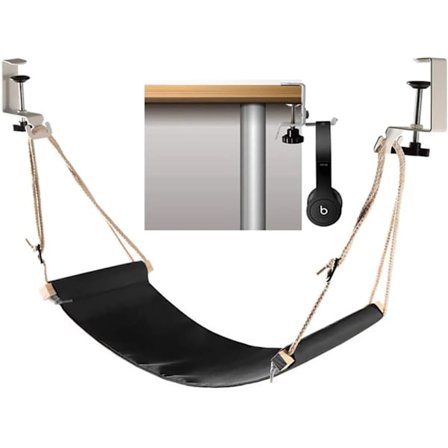 Hengekøye fotstøtte (svart), justerbar hengekøye for kontoret, med kroker, justerbar og bærbar, perfekt for å lindre føttene dine