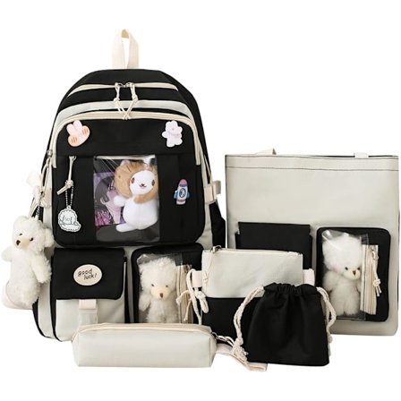 Canvas School Bag Combo Set, Kawaii Girl Student School Bag Black