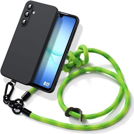 Cover til Samsung Galaxy A17 4G/5G, Beskyttelse i Sort Flydende Silikone med Robust Grøn Snor