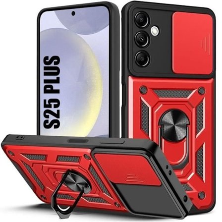 Fodral för Samsung Galaxy S25 Plus (Galaxy S25+) Röd stötfångare Stötsäker med 360° ringhållare