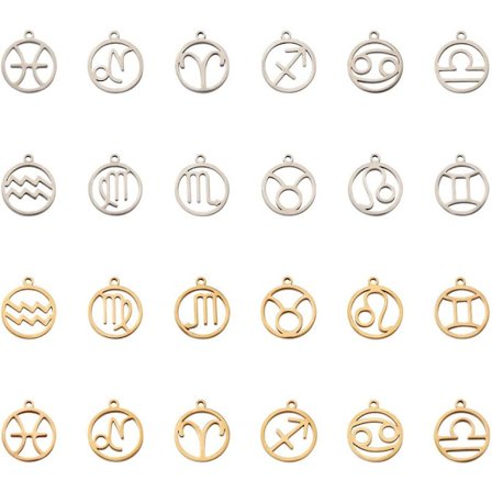 24 stk. Tolv 12 Stjernebilleder 304 Rustfrit Stål Vedhæng 2 Farver Flad Rund Zodiac Tegn Metal Dingle Charms Vedhæng 18x16mm til Håndværk DIY Øreringe