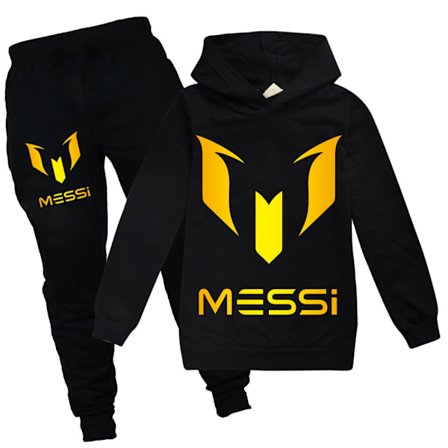 Barn Messi Forår Efterår Træningsoverallsæt Hoodie Sweatshirt T-shirt + Sportbukser Sort Black