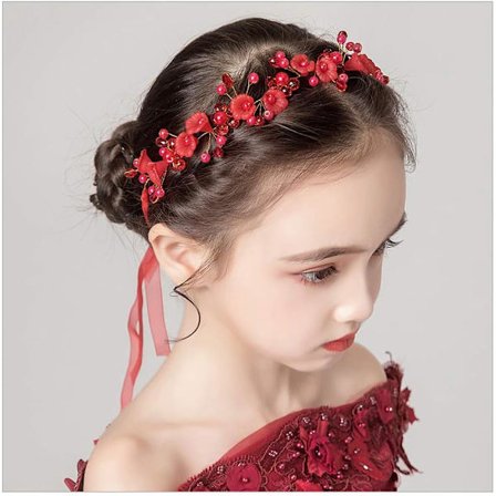 Hodeplagg med røde blomster, perler og krystaller for bryllup