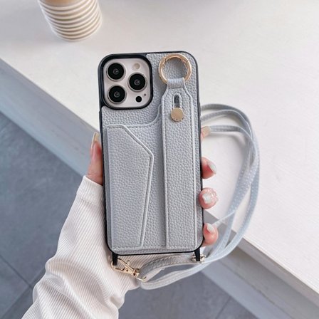 Etui til iPhone16Plus 425 blågrå lærreim håndledd skulder kortspor ve