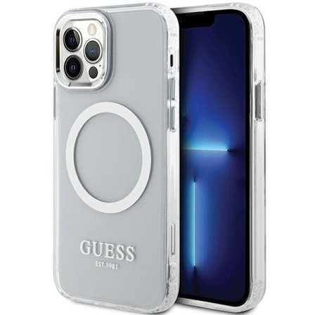 Guess Metal Outline Magsafe-fodral för iPhone 12 / iPhone 12 Pro - silver
