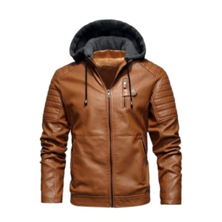 2024 Retro Motorcykel PU Jacka Höst & Vinter Avtagbar Huva Herrjacka Brun