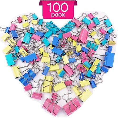 100 stk. Foldback Clips - Binder Clips i 4 Størrelser Assorterede Farver Små Papirklemmer Kontorartikler 15mm 19mm 25mm 32mm