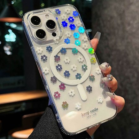 Skal för iPhone 15 Pro Max Kompatibelt med MagSafe Laserblomma PC+TPU Transparent Mobilskal