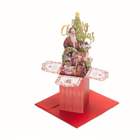 Vintage 4-lags julekort med julemand, rensdyr og træer - Rødt julekort med kuvert, velegnet som en ho (FMY) 1 stk