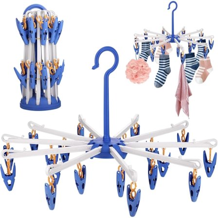2-pak strømpeholder, roterende strømpeholder, blå strømpeholder med 20 klemmer, sammenklappelig strømpeholder til undertøj, hatte, tørklæder
