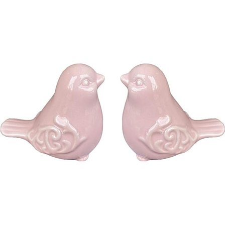 Sett med 2 dekorative fuglefigurer - Glasert keramisk fugleskulptur/fuglefigur for hjem, hage, bryllupsdekorasjon eller mer, rosa