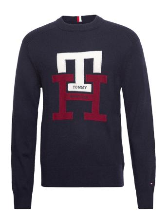 Bold Monogram Crew Neck Strikkegenser M. Rund Krage Blå Tommy Hilfiger