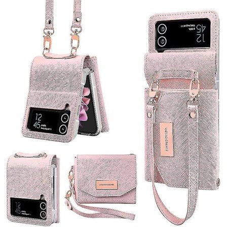 Nahkainen lompakkokotelo, yhteensopiva Samsung Galaxy Z Flip 5:n kanssa, jossa hihna, korttipidike ja saranasuoja, Z Flip 5 -kuori