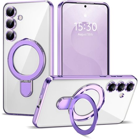 Samsung Galaxy S25plus 6.7 Skal med Magnetisk Ringstativ [Kompatibel med Mag-Safe] [Fullständigt Kameralinsskydd] Pläterad Klar Telefon