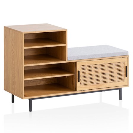 Rootz moderne design garderobebænk - Sæde med gråt stofbetræk - Opbevaring af skydedøre - Eget finish - Justerbare hylder - 120 cm x 75,5 cm x 40 cm