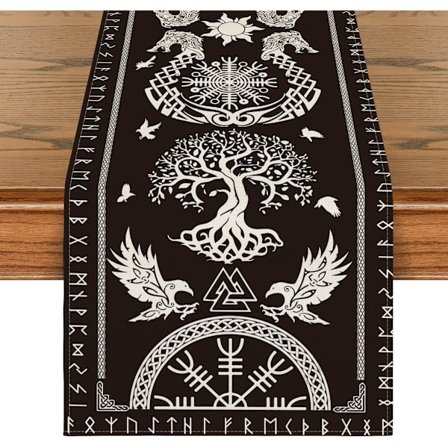 Sort Viking Livets Træ Ravn Ærefrygt Hjelm Bordløber, Sæsonbestemt Køkken Spisebord Dekoration til Hjemmefestindretning 33x183cm