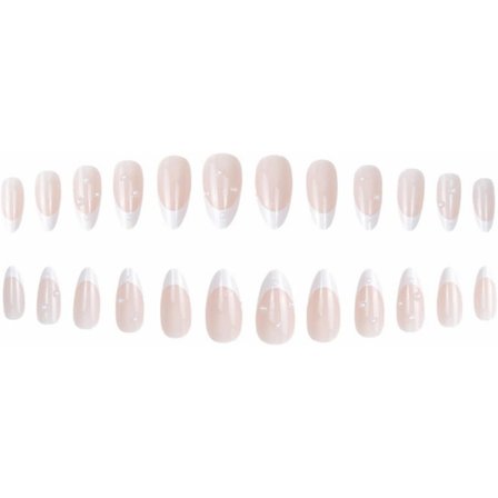 24 stk. Oval Perle Falske Negle Korte, Hvid Fransk Tryk på Negle Mønster, Funky Glansfulde Falske Negle Korte, Mandel Stick på Negle