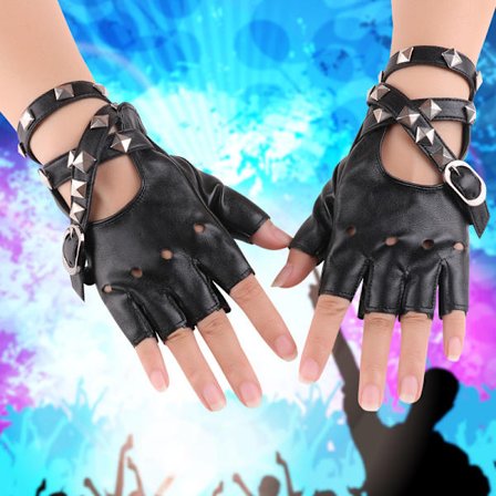 Fingerless Faux Læderhandsker - Sorte Cykel Punk Handsker med Bæltelukning og Nittedesign til Kvinder og Børn