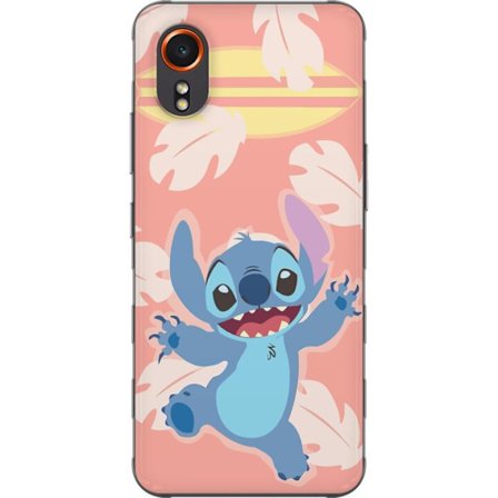Kompatibel Mobilcover til Samsung Galaxy Xcover7 Glad illustration af Stitch der hopper foran lyserød baggrund med surfbræt