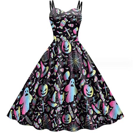 Halloween kjole Dame V-hals Print Kjole Vintage Sløjfe Bælte Cocktail Kjole Fall Baggy Midi kjoler