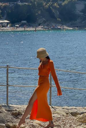 Susanna Wurz x NA-KD Jupe en maille côtelée à fente haute - Jupes mi-longues - Orange - XX-Large