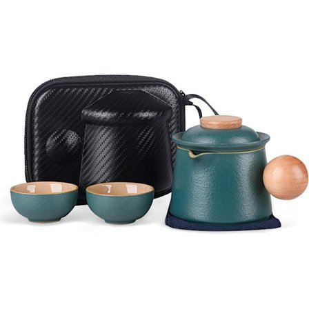 Rejsesæt til Te, Grønt Keramisk Campingsæt med Si - Bærbart Sæt Inkluderer 2 Kopper & Krus, Perfekt til Udendørs Brug, Picnic, Bu