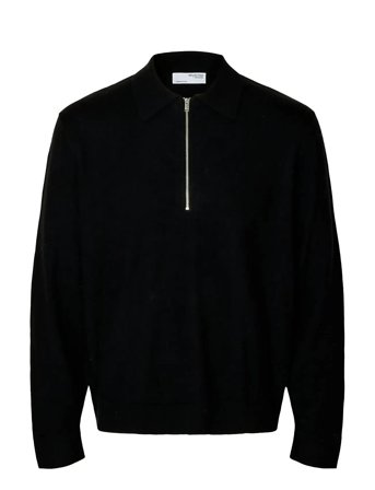 Slhtray Merino Brushed Relaxed Zip Polo Tops Knitwear Half Zip Jumpers Black Selected