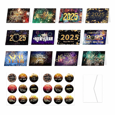 12 Nyårsgratulationskort 2025 - Gott Nytt År Gratulationskort med Kuvert och Dekaler Guldfolie - WELLNGS