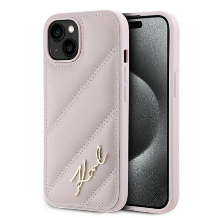 Karl Lagerfeld Diagonal Quilted Script-etui for iPhone 15 Plus / 14 Plus - rosa