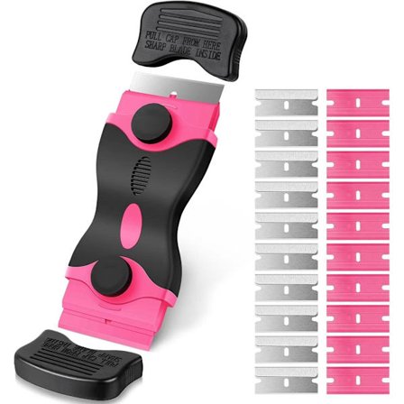 Skrapa, dubbelsidig rakbladsskrapa med 10 rakblad, rostfritt stål, klistermärken, etiketter, lim, häftämnen (rosa)