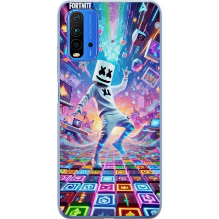 Kompatibel Gennemsigtig cover til Xiaomi Redmi 9T Marshmello danser i et neonfyldt digitalt landskab, hvor farver, symboler og teknologi flyver rundt