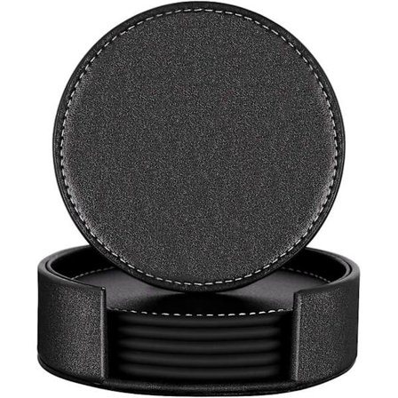 Runde Underkopper med Stativ 6-sæt Varmebestandig Sort PU Læder Underkopper Drikkeunderkopper Underkopper
