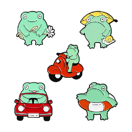 Grønn frosk emaljepinne sett (5 stk), morsom tegneserie dyre brosje frosk