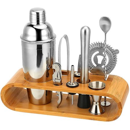 10-osainen baaritarvikesetti bambutelineellä - Kotibaarimikon setti ja martini-cocktail-ravistinsetti mahtavaan juomien sekoituskokemukseen