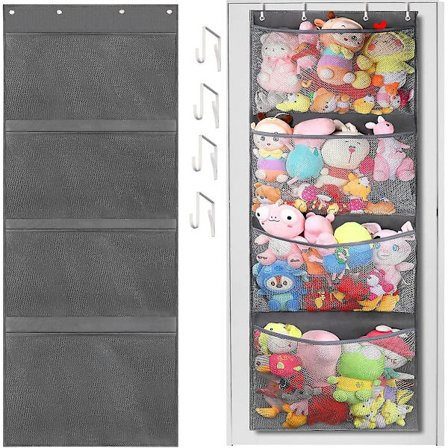 Oppbevaringspose for bamse over døren - Organiser for bamser med 4 store lommer - Hengende nettposer for baby-plysjleker, soverom, barnerom, leker
