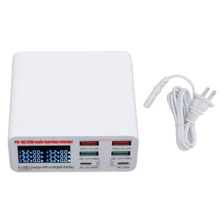 USB-opladerstation 87W USB A USB C Oplader Hub med 6 porte LCD-skærm QC3.0 PD Hurtigopladning USB Power Strip 100‐240V US-stik
