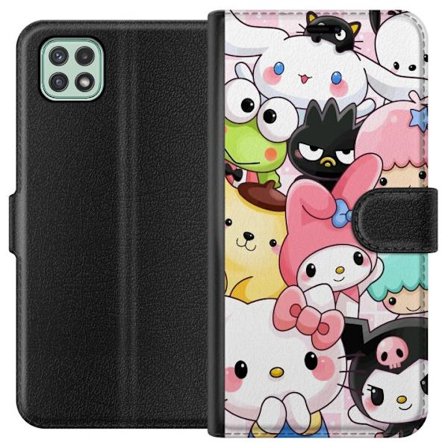 Kompatibelt Lommeboketui til Samsung Galaxy A22 5G Tett mønster av søte figurer med store øyne i ulike farger og uttrykk med LABUBU-tekst