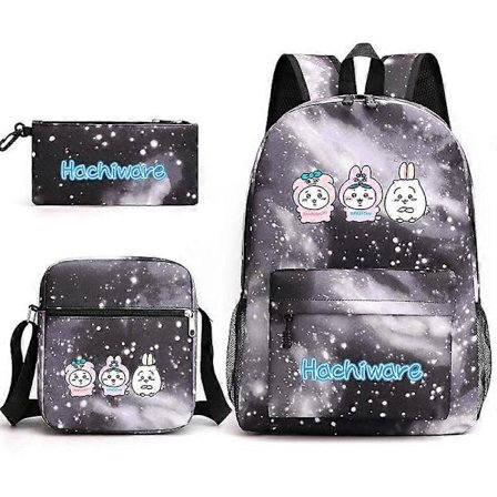 Chiikawa Jiyikawa Skolväska i tre delar för pojkar och flickor, pennfodral i campusstil, stor canvasväska i tre delar, stjärnhimmel svart ~1