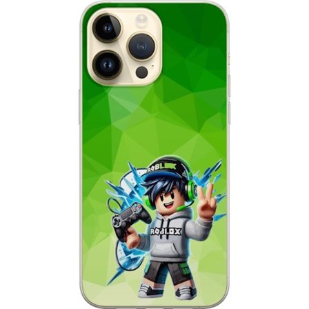 Kompatibelt Mobildeksel til Apple iPhone 15 Pro Max Roblox-inspirert gamerfigur med headset, håndkontroll og energiske effekter mot grønn bakgrunn