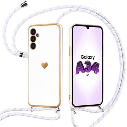 Halsbandsfodral med halsband till Samsung Galaxy A34 5G White Protection Slim Heart Pattern Vit