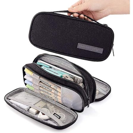 Pencil Case Big Capacity Handheld 3 Compartments Pencil Pouch Portable Large Storage Canvas Pencil Bag For Students Business Office(black)
