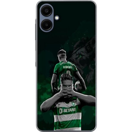 Yhteensopiva Puhelinkuori Samsung Galaxy A06 Neonmotiivi, jossa teksti "Gaming is in my DNA" sinisenä ja punaisena tiiliseinällä, jossa loistava DNA-s