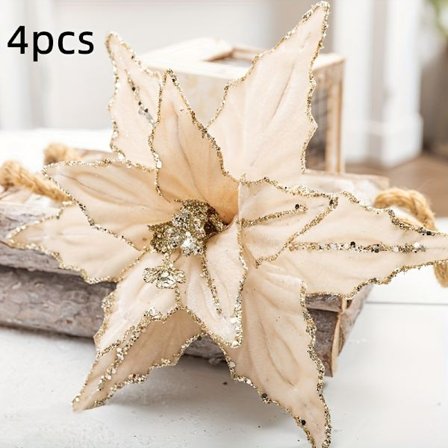 4-pak Fløjl Julestjerne Julevedhæng, Røde og Gyldne Glitter Juleophæng, Intet Strøm Behov, Festlig Juletræ [DB]