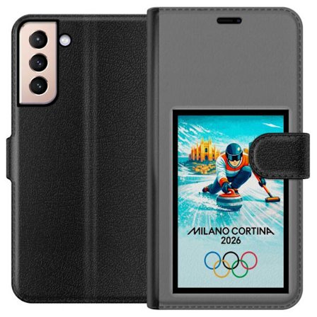 Yhteensopiva Lompakkokotelo Samsung Galaxy S21 Jääkiekkoilukuva, jossa pelaajat liikkuvat jäällä, Milano Cortina 2026, Milanin maamerkit ja olympialai