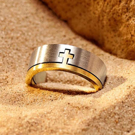 Unity | 8 mm Silver- and Gold-tone Cross Ring for Men - Steel rings