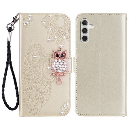 För Samsung Galaxy A34 5g Rhinestone Pu Läderställ Plånbok Phone case Imprinted Owl Flower Cover Guld