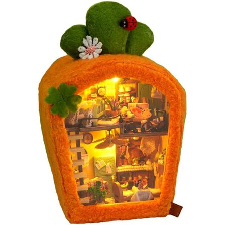 Bokhjørne, DIY dukkehus i tre med LED-lys, Mini Gulrothuset for Valentinsdagsgaveidé