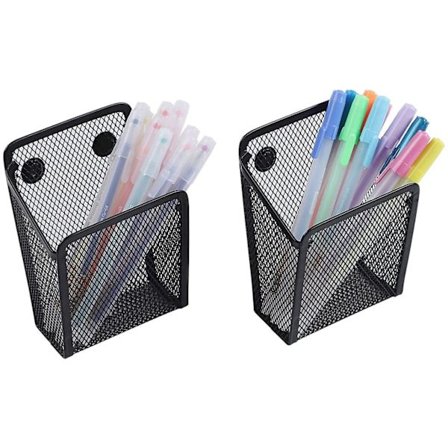 2-pakning magnetisk pennholder, oppbevaringskurv i netting med ekstra sterk magnet for kjøleskap, whiteboard, skaptilbehør, kontorrekvisita