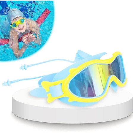 Barnsimglasögon (4-16 år), Läckagesäkra och UV-skyddande simglasögon för barn, med öronproppar och näsklämma (Blå-Gul)