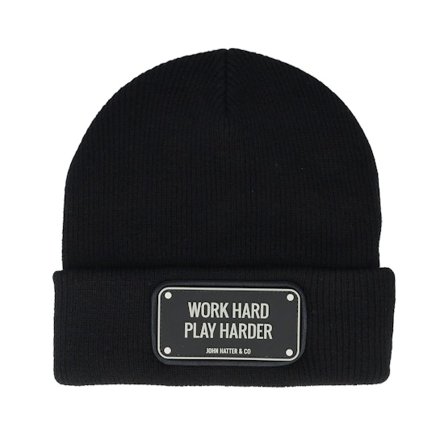 John Hatter & Co - Black cuff Beanie - Rubber Beanie Work Hard Black Cuff @ Hatstore